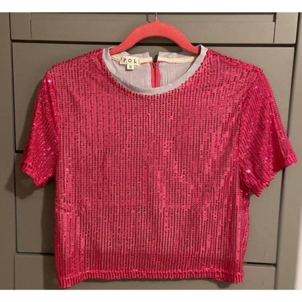 POL top pink sequined blouse LINED womens small POL SHIRT pink T-shirt sequins
